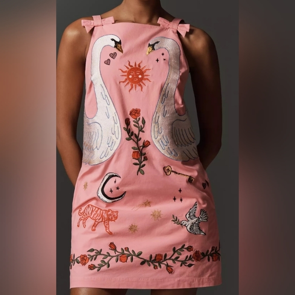 Anthropologie Embroidered Mini Cotton Dress.  Swans On The Front - Picture 3 of 13